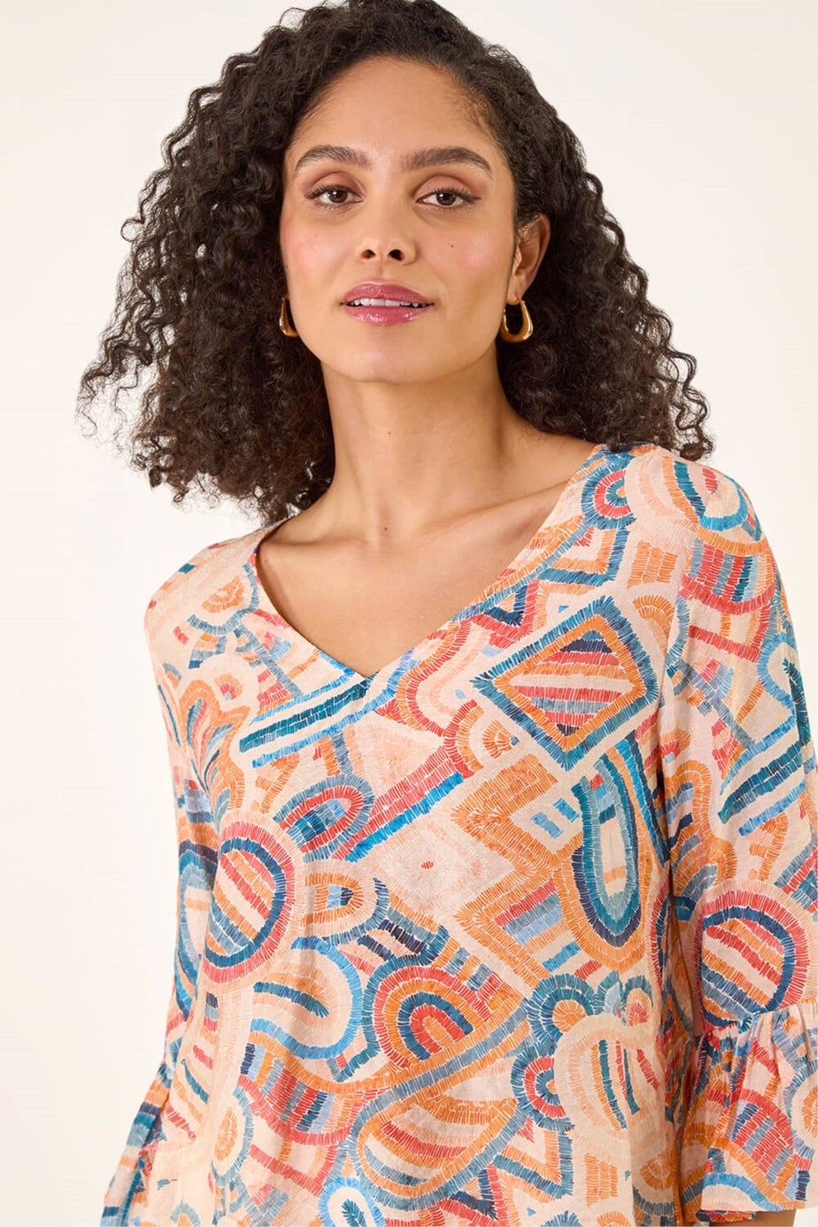 Roman Orange Geometric Print Flute Sleeve Top