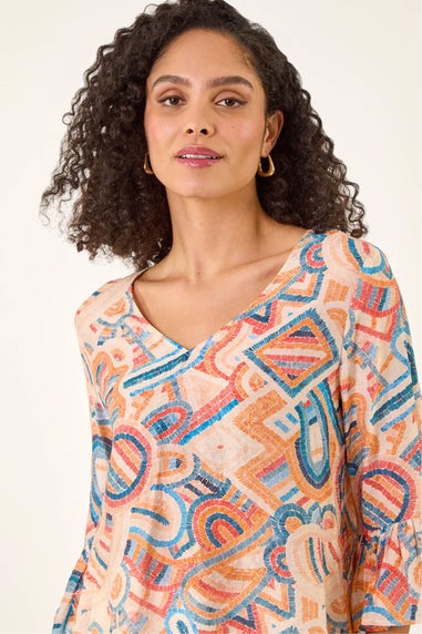 Roman Orange Geometric Print Flute Sleeve Top