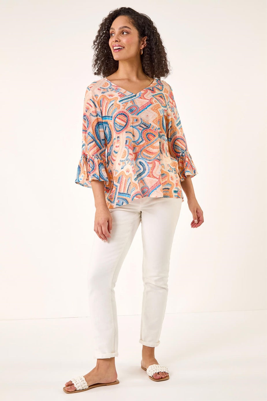 Roman Orange Geometric Print Flute Sleeve Top