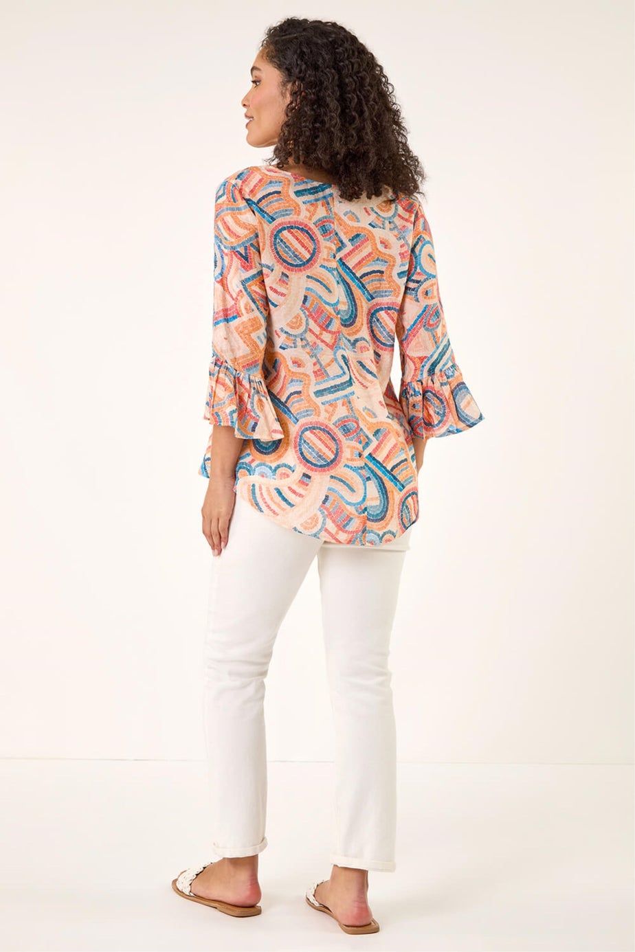 Roman Orange Geometric Print Flute Sleeve Top