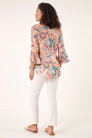 Roman Orange Geometric Print Flute Sleeve Top