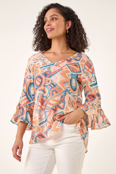 Roman Orange Geometric Print Flute Sleeve Top
