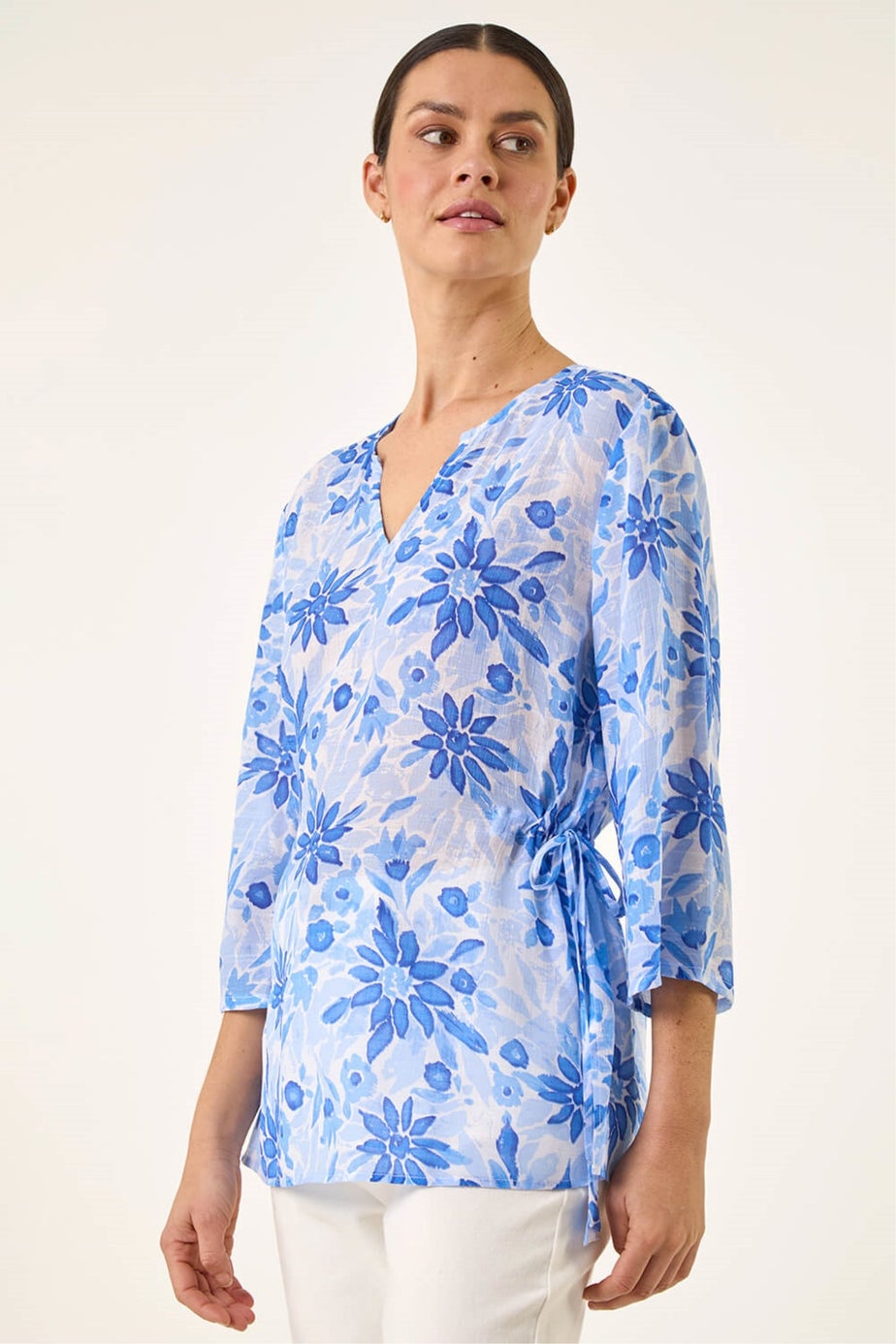 Roman Blue Floral Print Side Tie Top