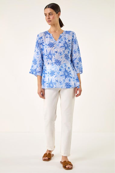 Roman Blue Floral Print Side Tie Top