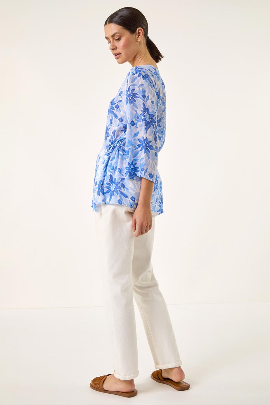 Roman Blue Floral Print Side Tie Top
