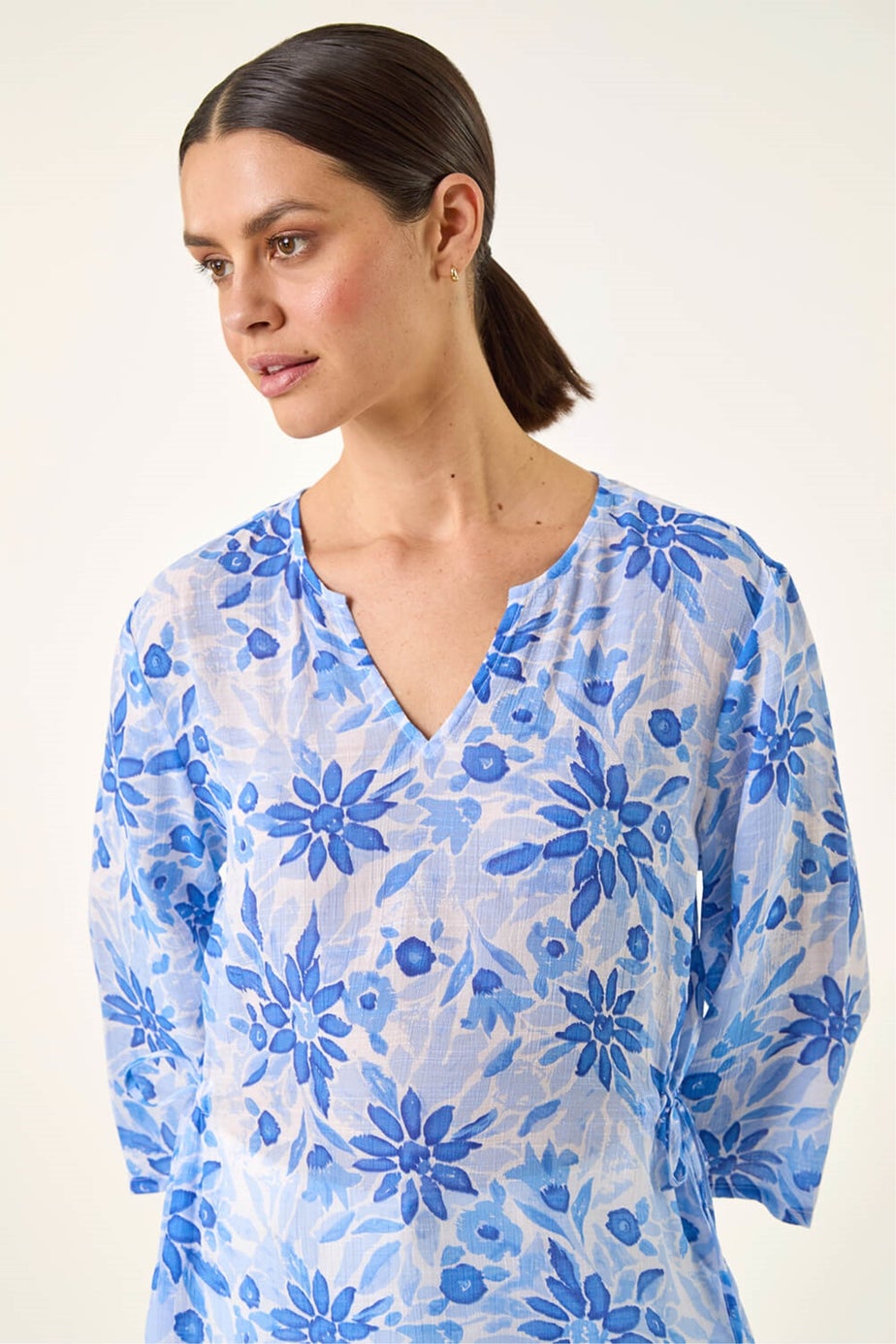 Roman Blue Floral Print Side Tie Top