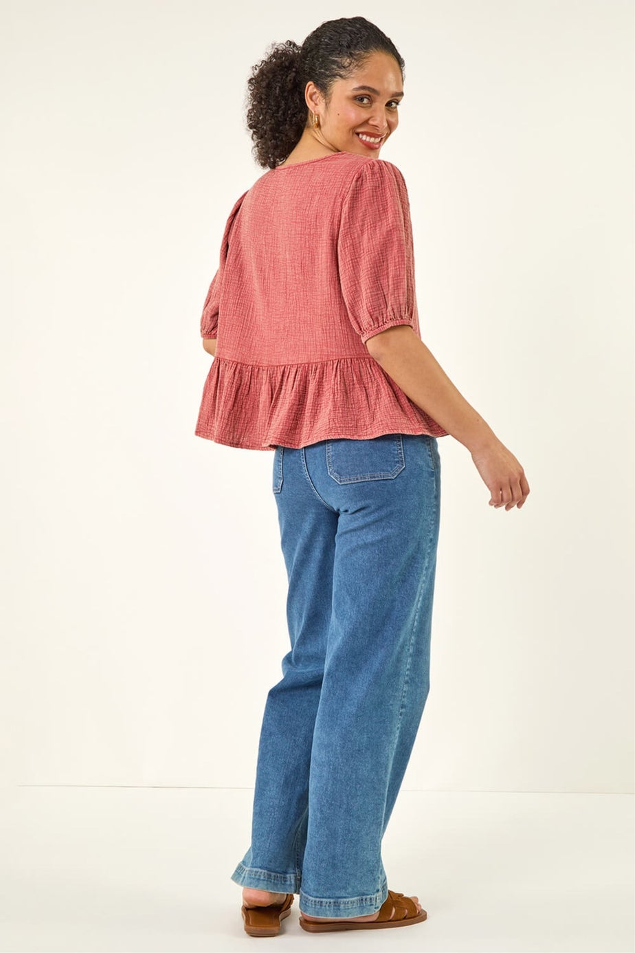 Roman Red Buttoned Front Peplum Top