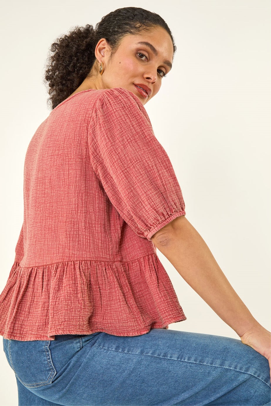 Roman Red Buttoned Front Peplum Top