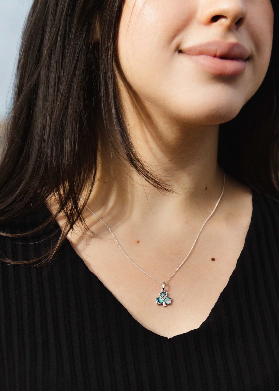 Golden Moments Sterling Silver Rhodium Plated Paua Shell Clover Pendant on Chain