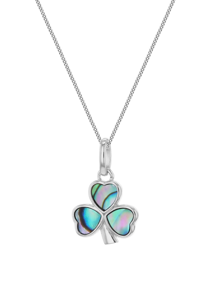 Golden Moments Sterling Silver Rhodium Plated Paua Shell Clover Pendant on Chain
