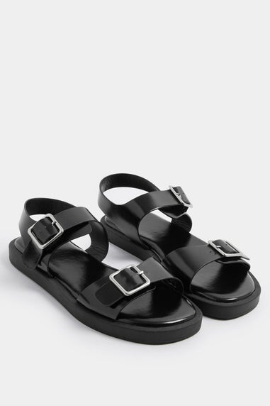 Yours Curve Black Faux Leather Buckle Strap Sandals In Wide E Fit
