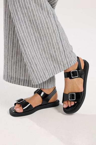 Yours Curve Black Faux Leather Buckle Strap Sandals In Wide E Fit