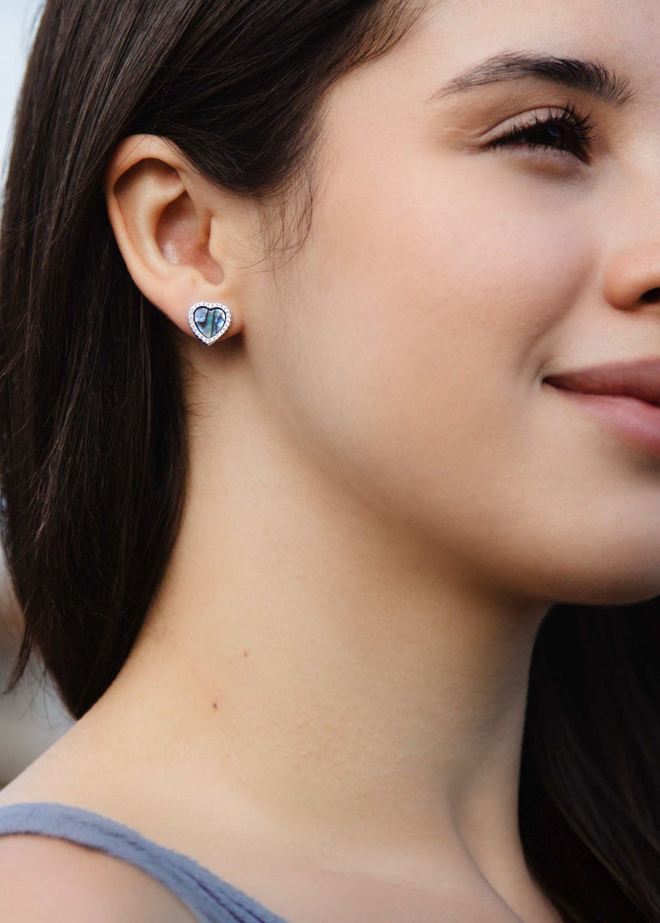 Golden Moments Sterling Silver Rhodium Plated Paua Shell And CZ Heart Stud Earrings