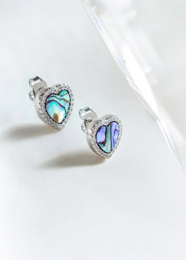 Golden Moments Sterling Silver Rhodium Plated Paua Shell And CZ Heart Stud Earrings