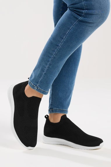 Yours Curve Black Knitted Slip On Trainers In Wide E Fit