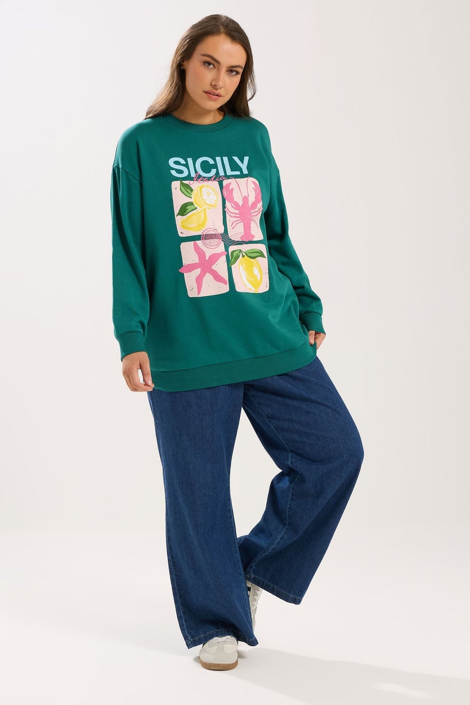 Yours Curve Teal Green 'Sicily' Slogan Sweatshirt
