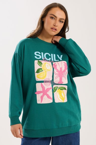 Yours Curve Teal Green 'Sicily' Slogan Sweatshirt