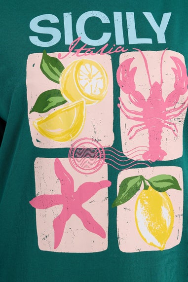 Yours Curve Teal Green 'Sicily' Slogan Sweatshirt