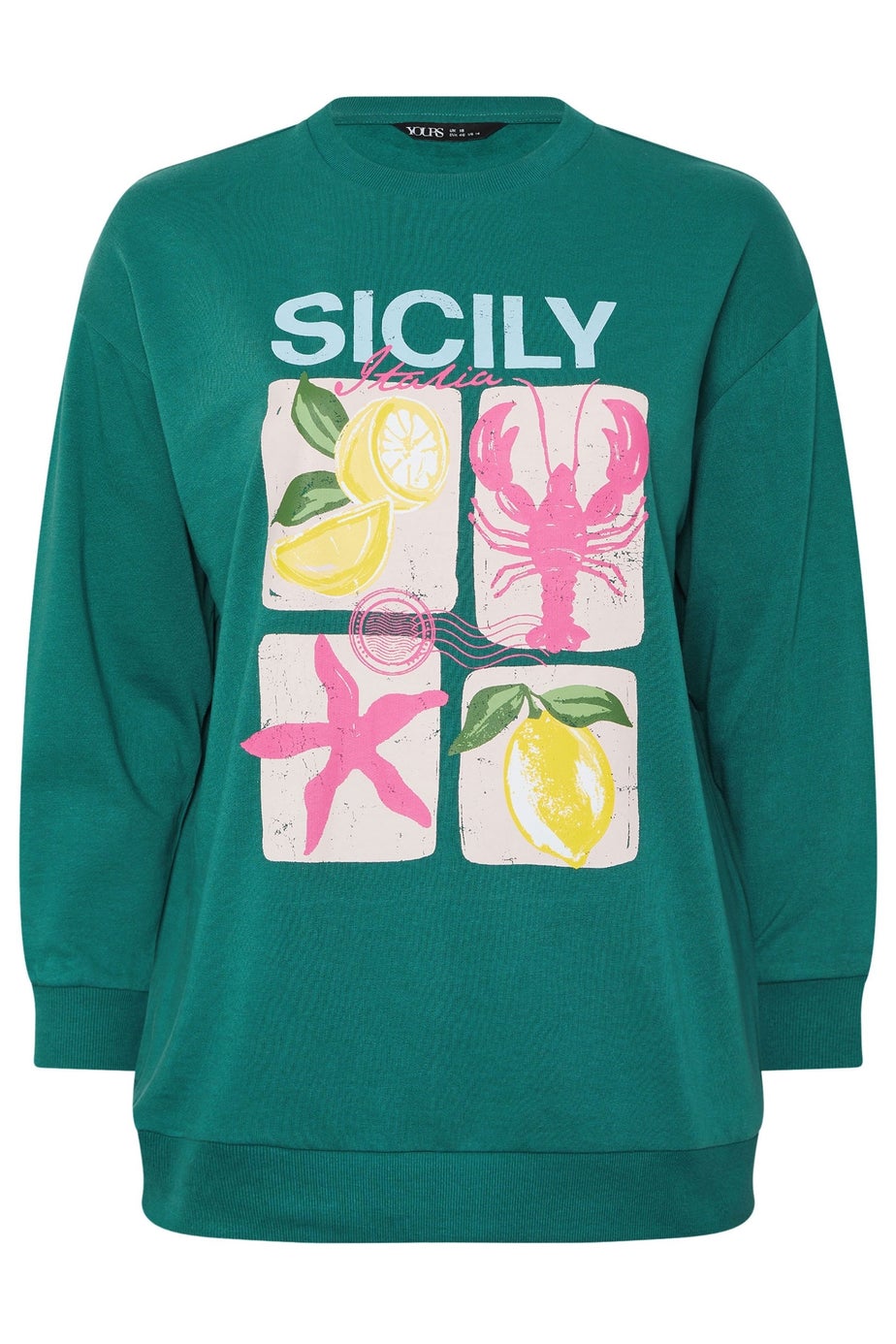 Yours Curve Teal Green 'Sicily' Slogan Sweatshirt