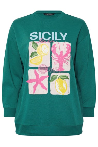 Yours Curve Teal Green 'Sicily' Slogan Sweatshirt