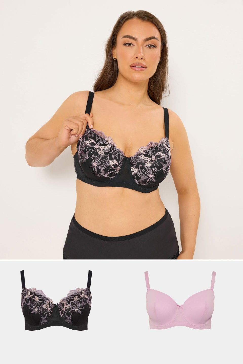 Yours 2 Pack Curve Black & Pink Embroidered Floral Padded Bras
