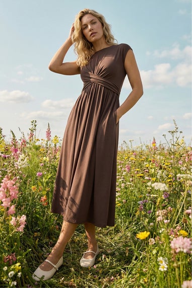 Roman Chocolate Crossover Front Stretch Midi Dress