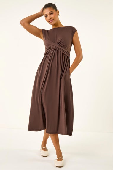 Roman Chocolate Crossover Front Stretch Midi Dress