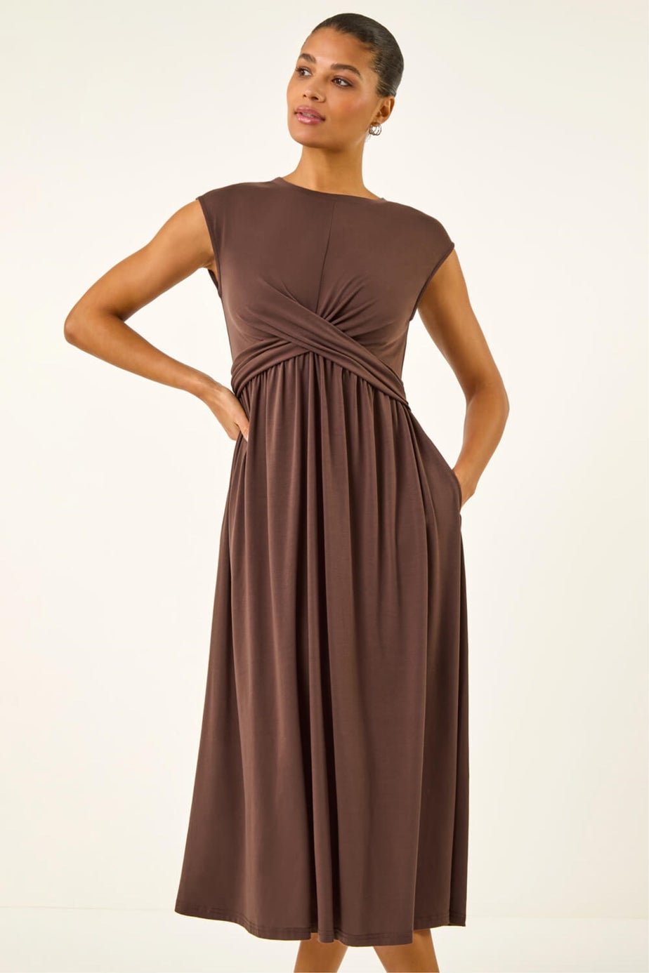 Roman Chocolate Crossover Front Stretch Midi Dress