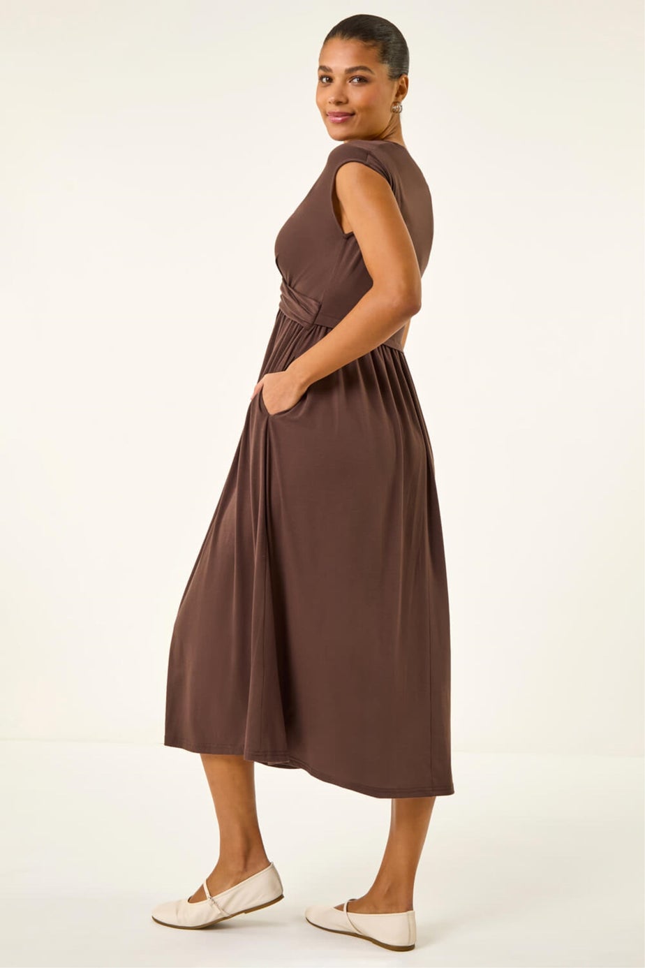 Roman Chocolate Crossover Front Stretch Midi Dress