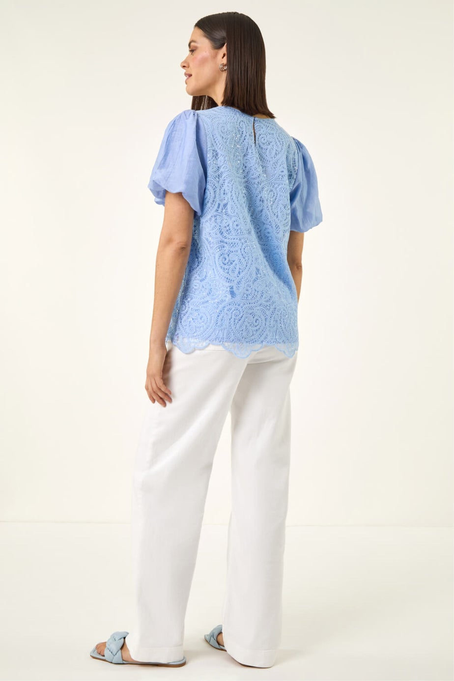 Roman Light Blue Sequin Lace Puff Sleeve Top
