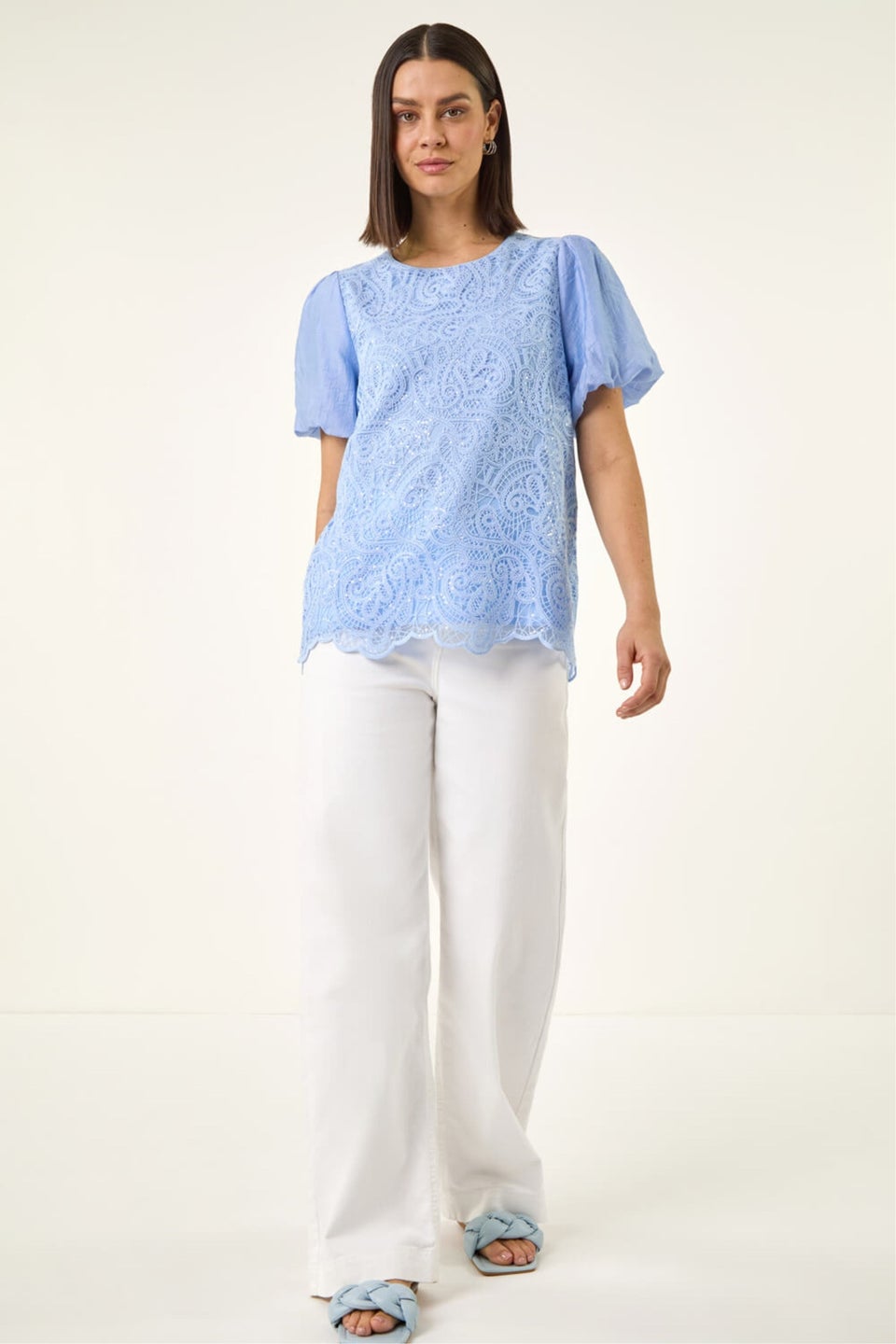 Roman Light Blue Sequin Lace Puff Sleeve Top