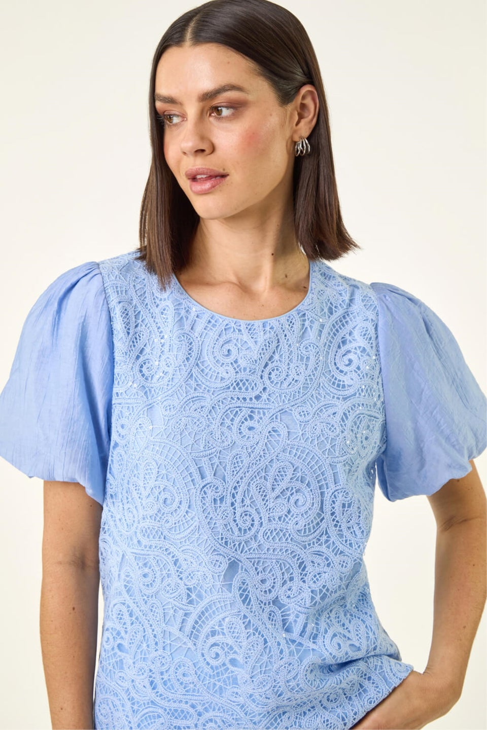 Roman Light Blue Sequin Lace Puff Sleeve Top