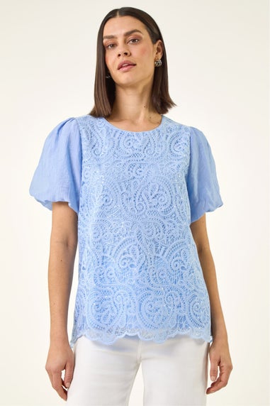 Roman Light Blue Sequin Lace Puff Sleeve Top