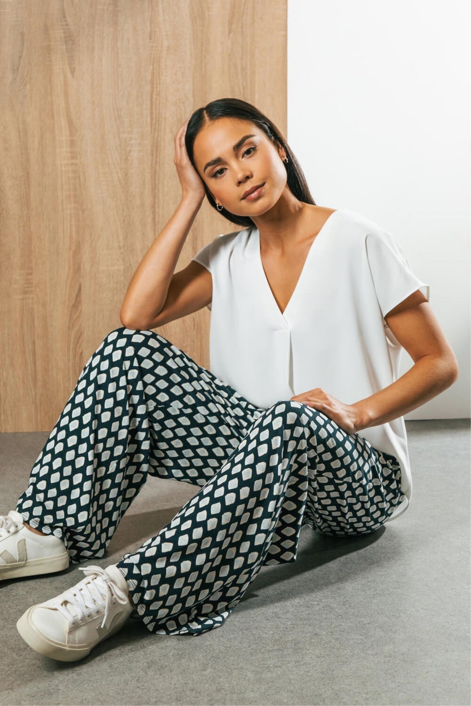 Roman Ivory Petite V-Neck Tuck Front Top