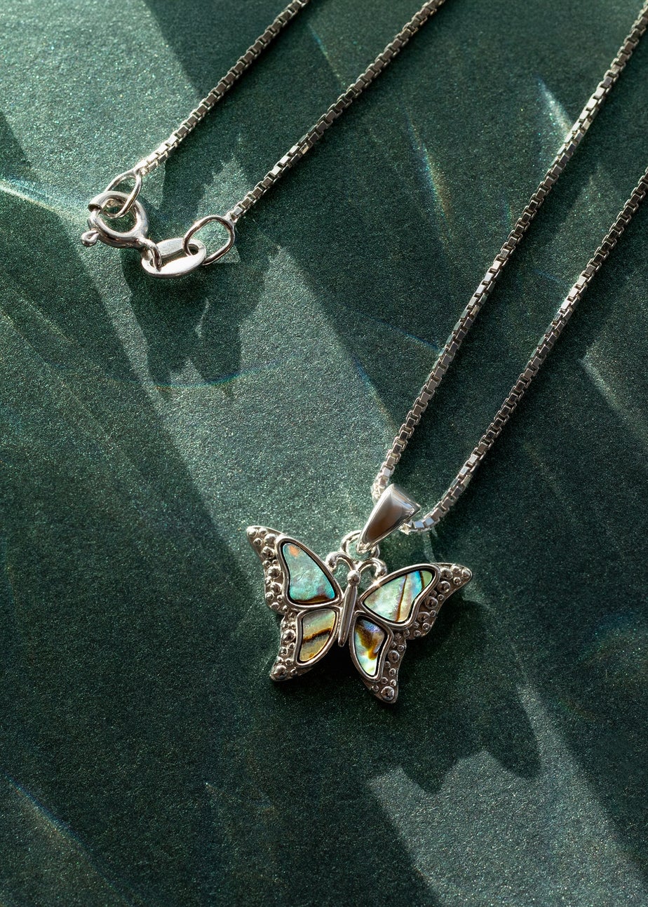 Golden Moments Sterling Silver Rhodium Plated Paua Shell Butterfly Pendant on Chain