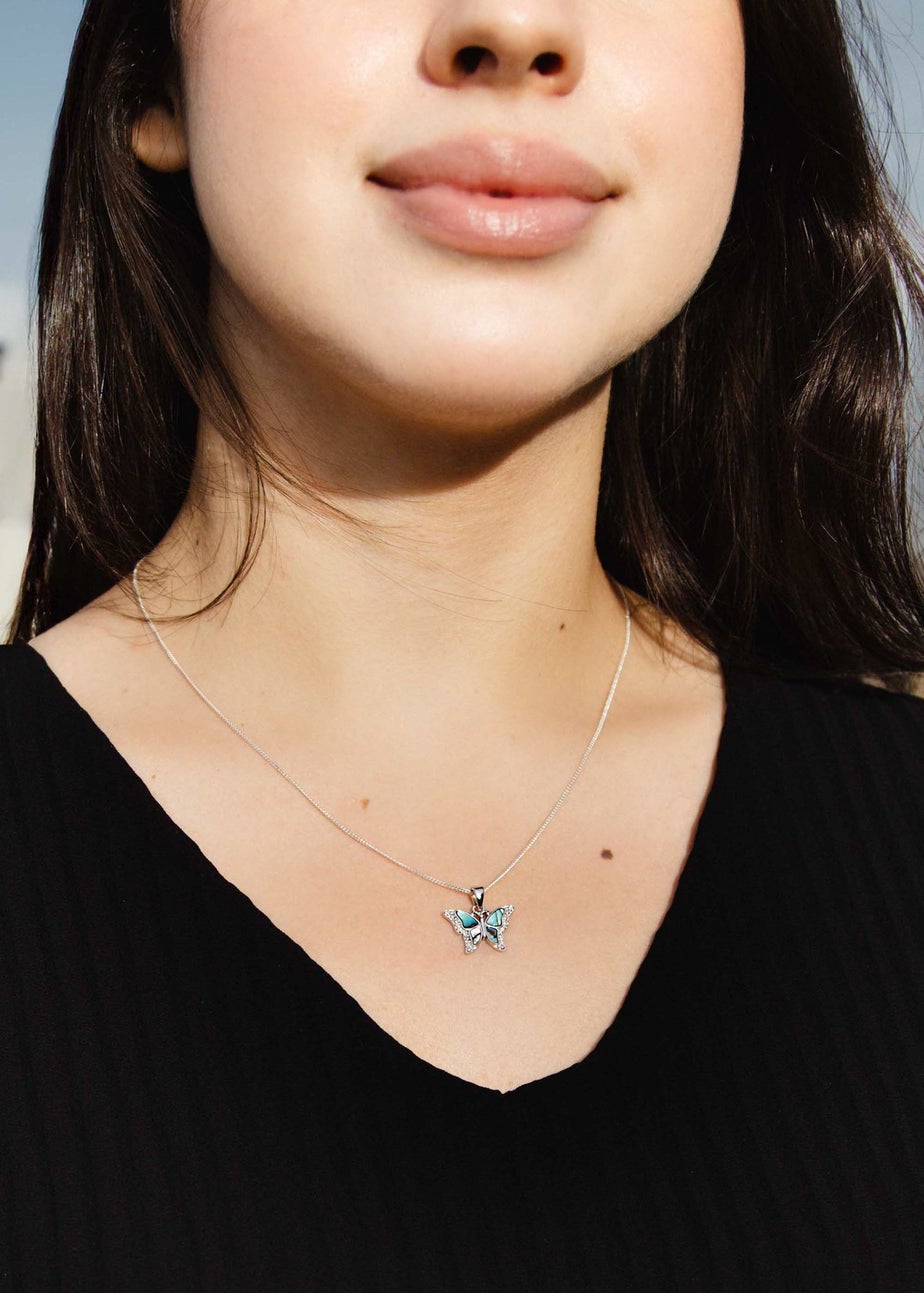 Golden Moments Sterling Silver Rhodium Plated Paua Shell Butterfly Pendant on Chain