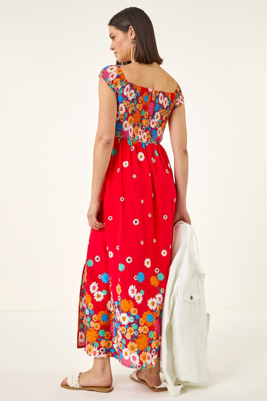 Roman Red Floral Print Bardot Shirred Midi Dress