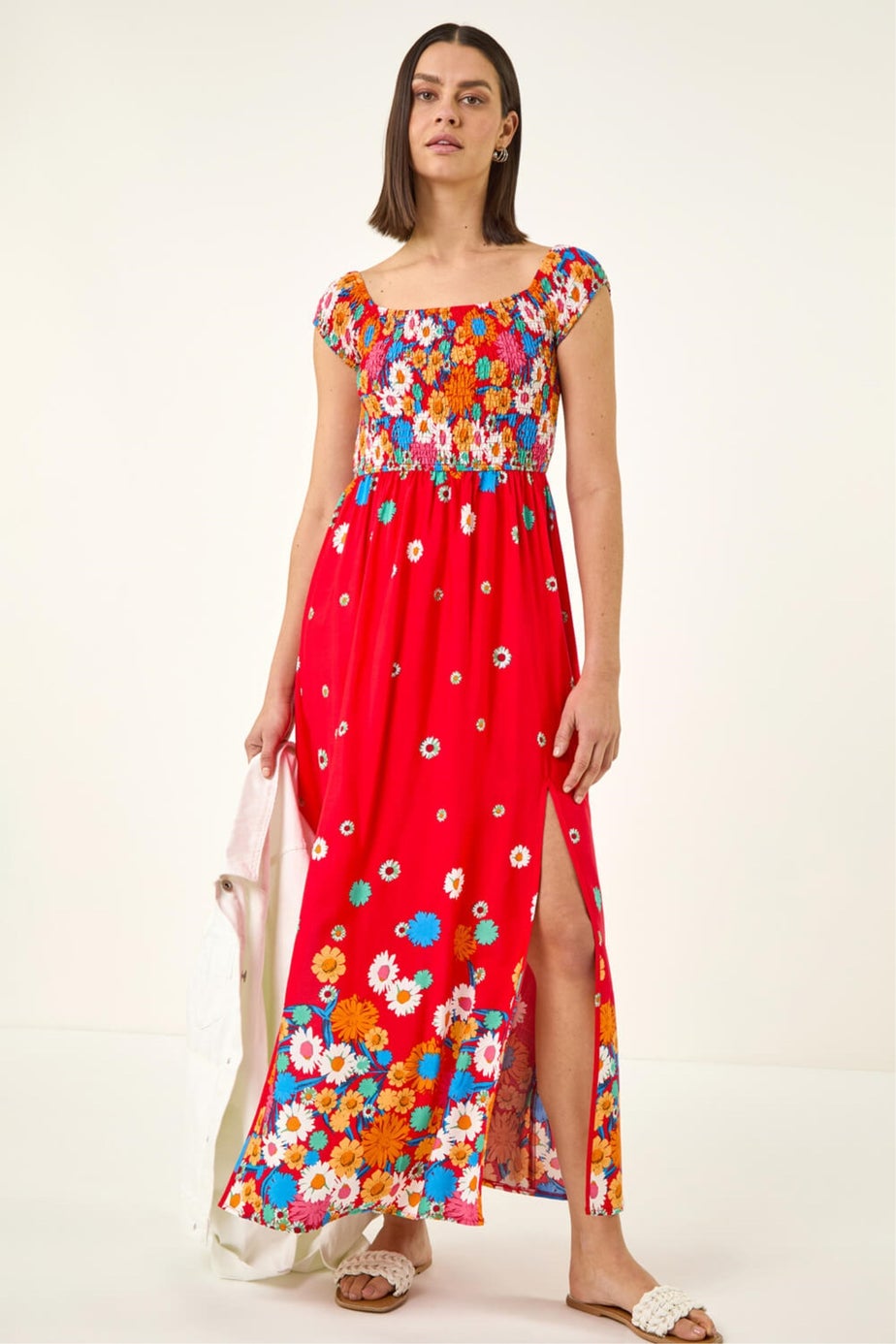 Roman Red Floral Print Bardot Shirred Midi Dress