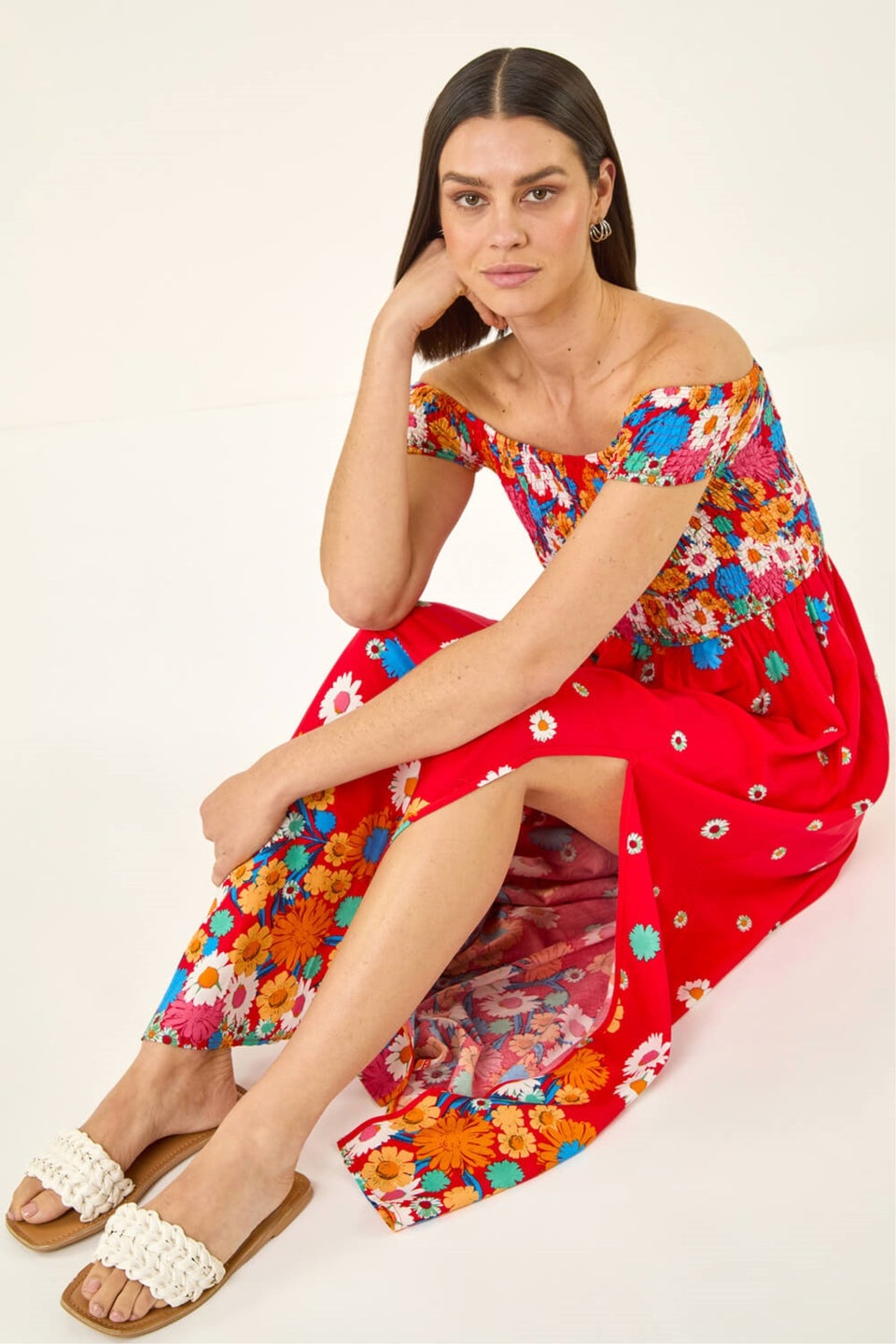 Roman Red Floral Print Bardot Shirred Midi Dress