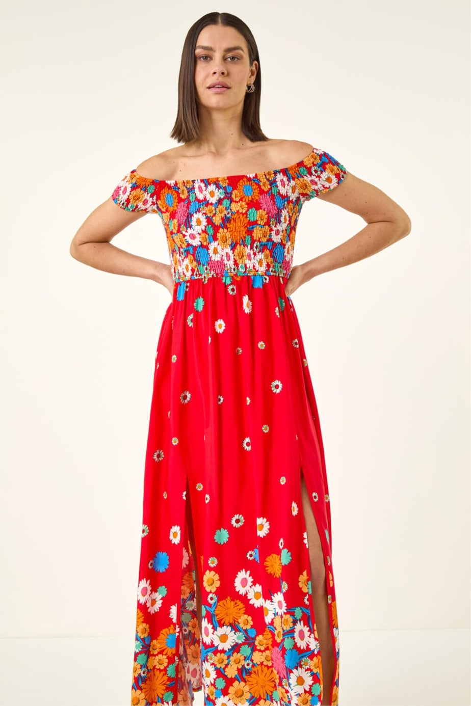 Roman Red Floral Print Bardot Shirred Midi Dress