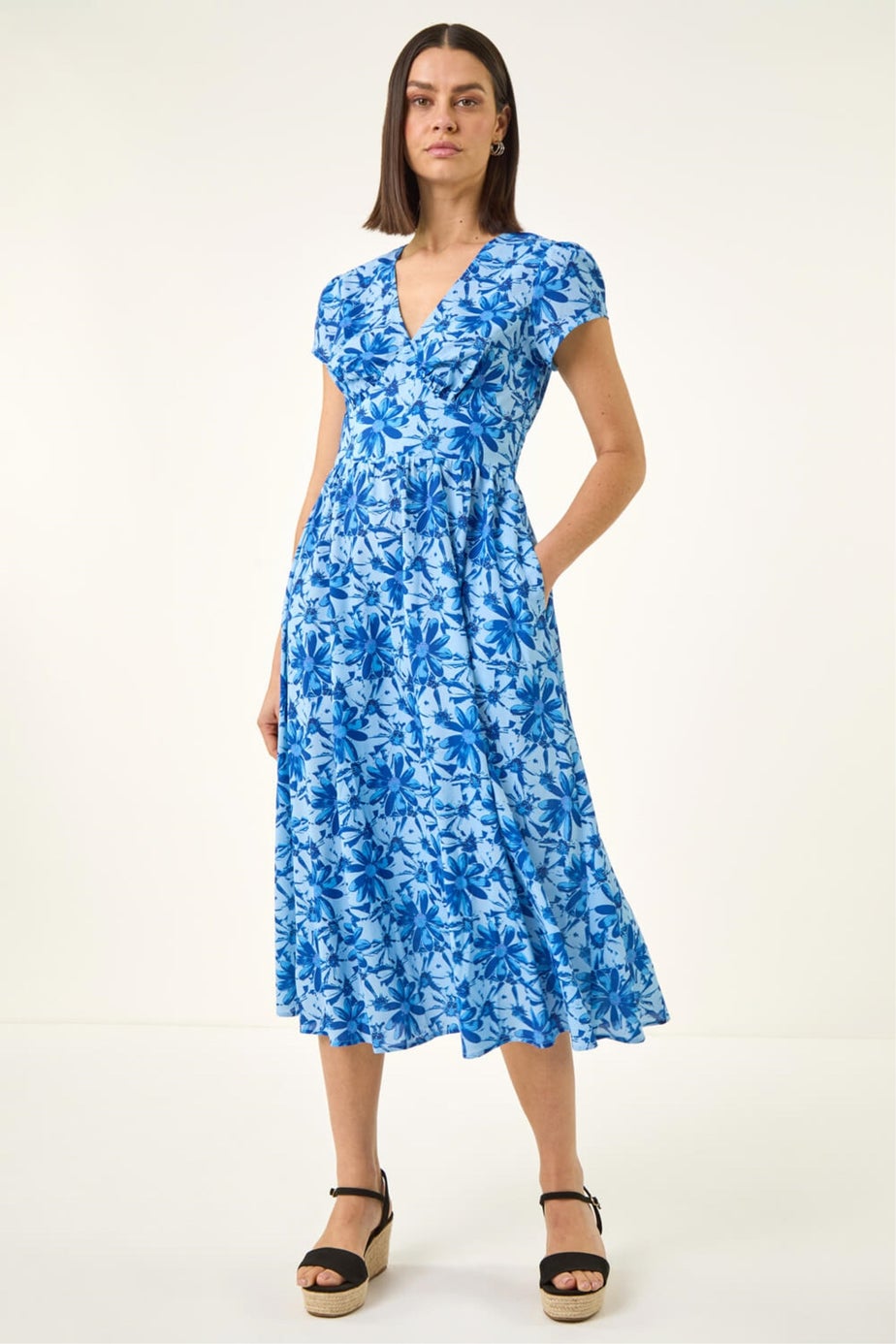 Roman Blue Floral Print Midi Tea Dress