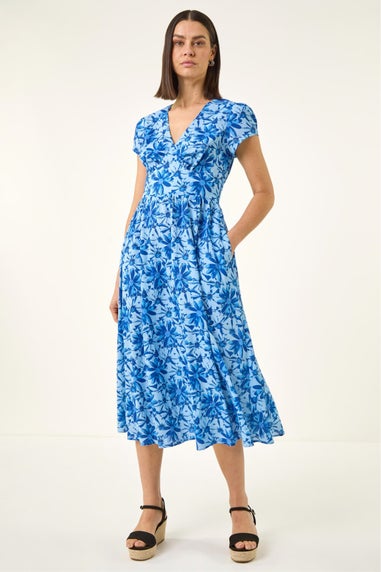 Roman Blue Floral Print Midi Tea Dress
