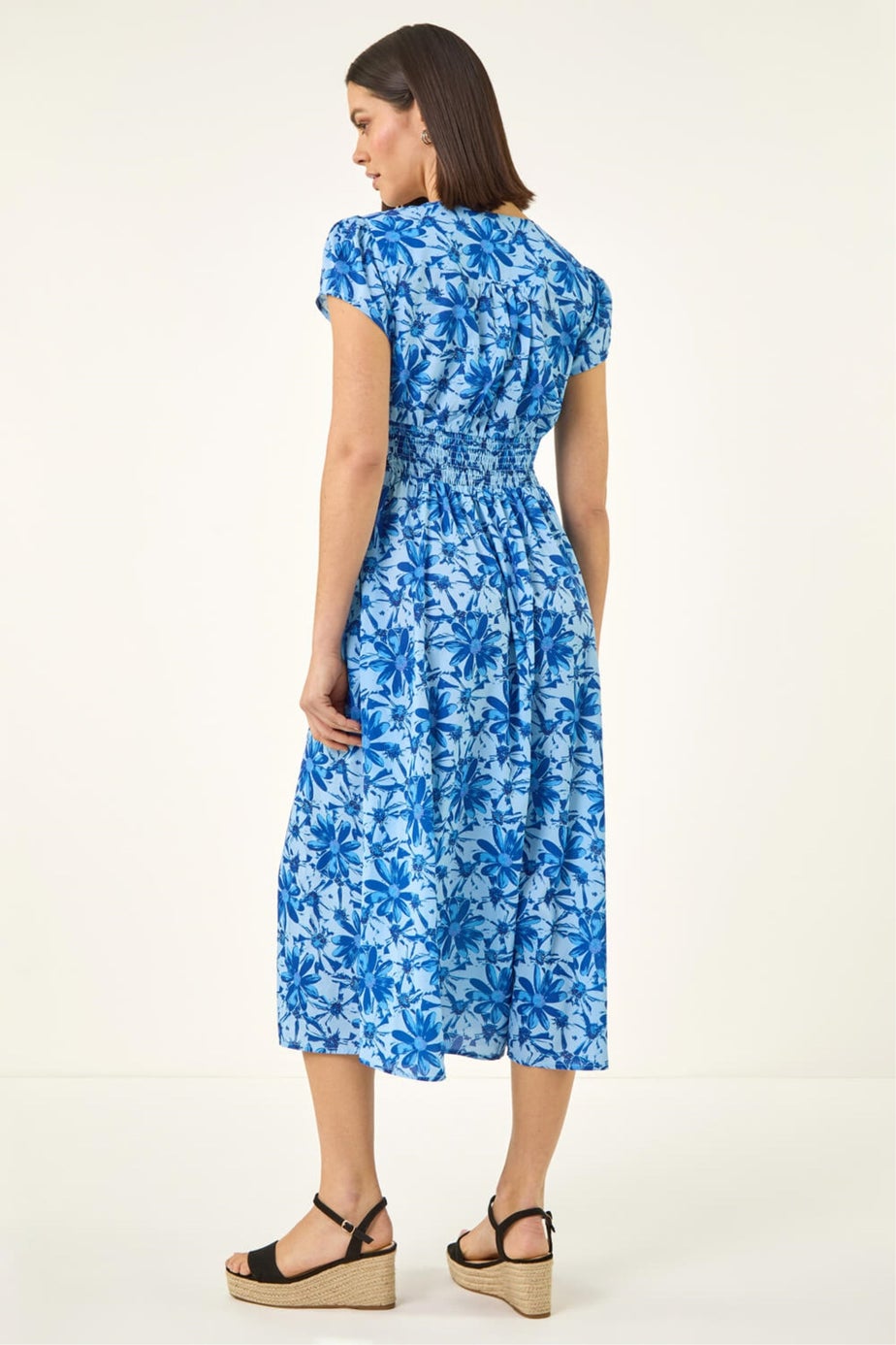 Roman Blue Floral Print Midi Tea Dress