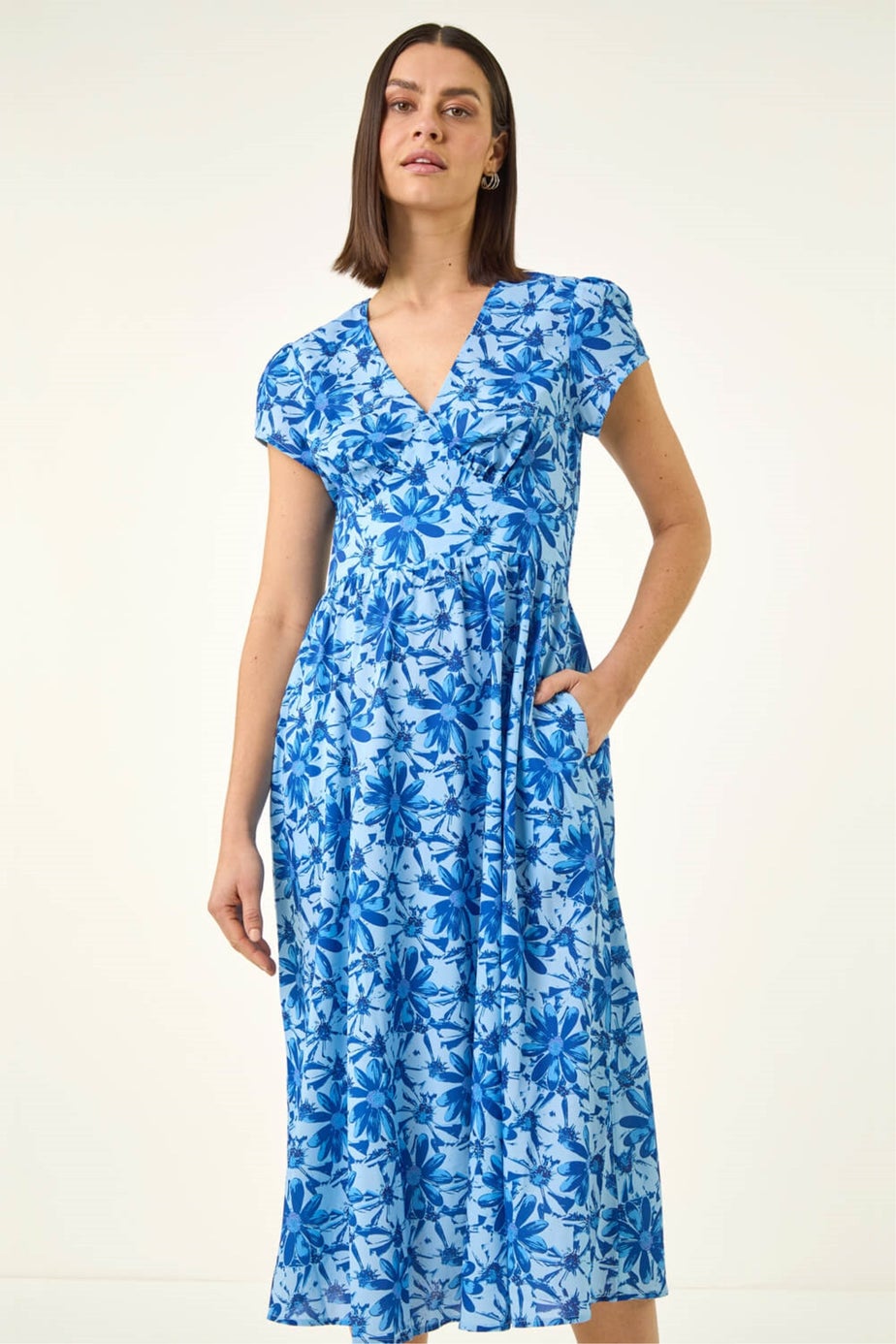 Roman Blue Floral Print Midi Tea Dress