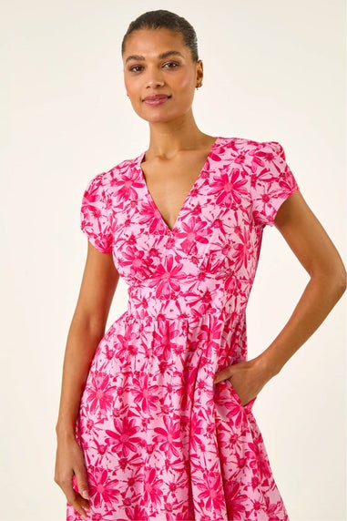 Roman Pink Floral Print Midi Tea Dress