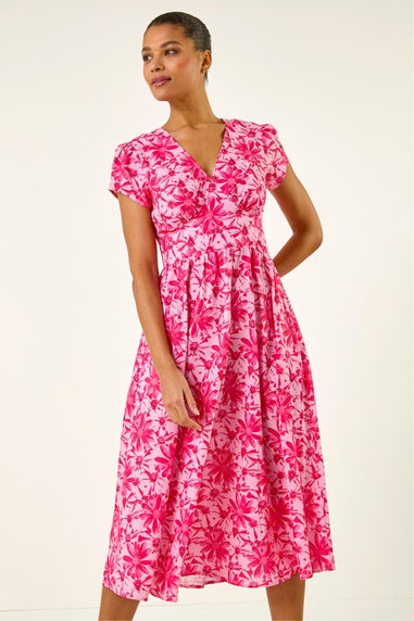 Roman Pink Floral Print Midi Tea Dress