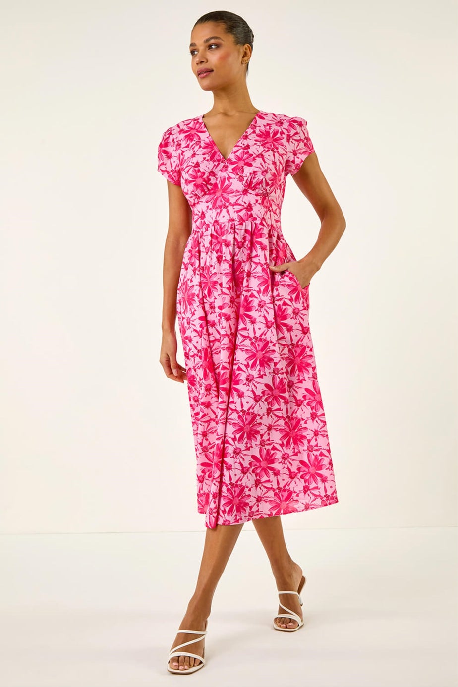 Roman Pink Floral Print Midi Tea Dress
