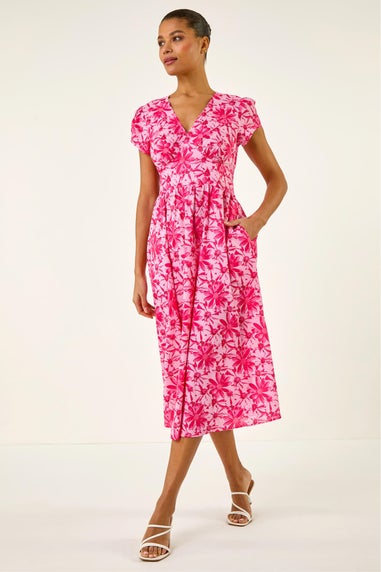 Roman Pink Floral Print Midi Tea Dress