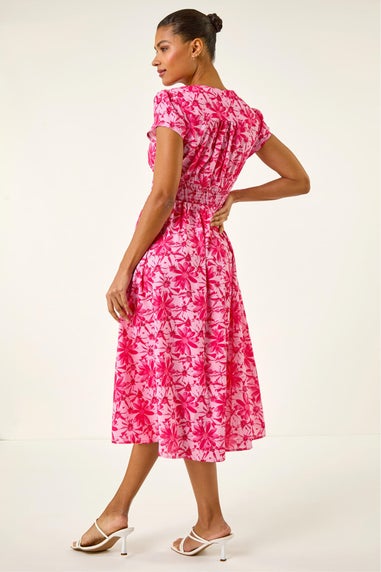 Roman Pink Floral Print Midi Tea Dress