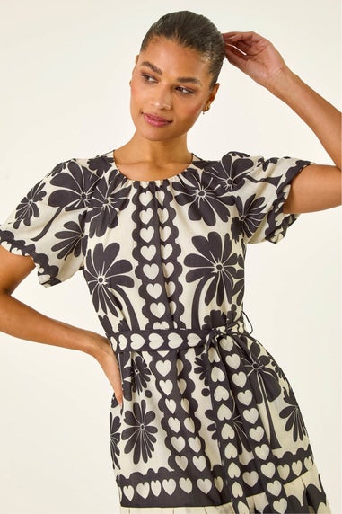 Roman Black Floral Heart Pleated Dress